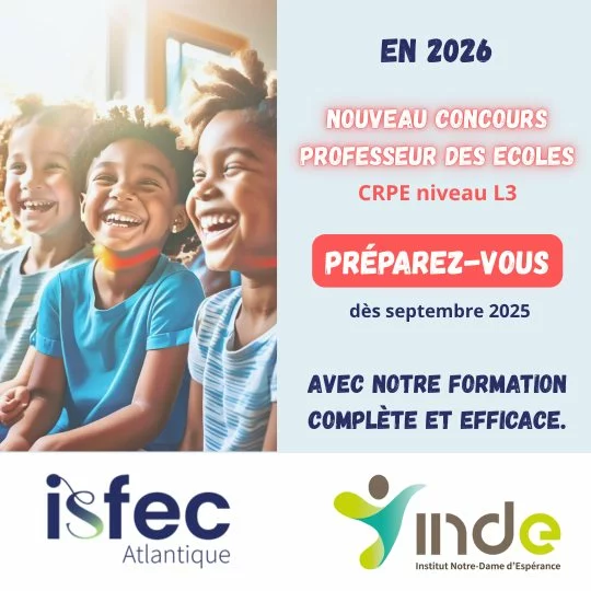 🎓 Préparez le concours de professeur des écoles niveau L3 avec un accompagnement complet et personnalisé !

📅 Chaque semaine, accédez à un module de travail en ligne animé par un formateur expert 👨‍🏫
📝 Entraînez-vous à chaque épreuve avec des concours blancs corrigés et des simulations orales 🎤.
🌟 Tout au long de l’année, soyez guidé par un formateur référent dédié à votre réussite 💪

🎓 Venez profiter de l'expertise des Instituts Supérieurs de Formation de l'Enseignement Catholique :
@indesperance  Angers & @isfec_atlantique Nantes-La Roche.

Par ici pour en savoir plus 👉🏻 https://www.institut-ozanam.org/wp-content/uploads/2025/05/Communication_Prepa_L3_PDL_2025-2026.pdf